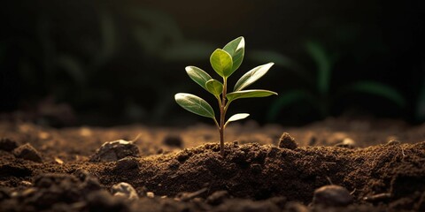 AI generated illustration of a lush green plant growing in the middle of a bed of dirt and soil - obrazy, fototapety, plakaty