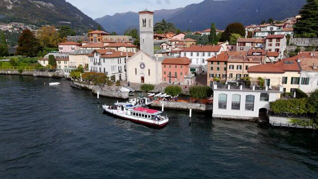 AERIAL - View of a Boat at a Pier in Torno, Lake Como