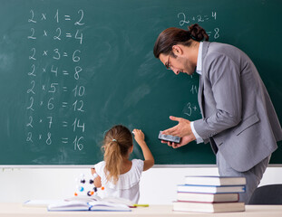 Teacher with young girl in the classroom