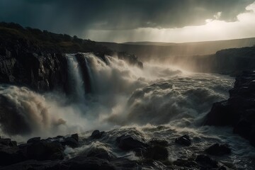 Fototapeta premium AI generated illustration of a chaotic scene as a huge waterfall is gushing, the weather is overcast
