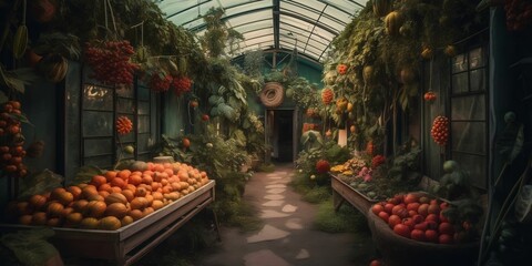 AI generated illustration of a vibrant and lush garden with a selection of fruits - obrazy, fototapety, plakaty