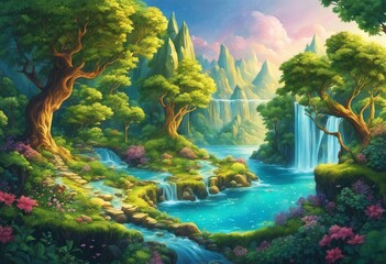 Fototapeta na wymiar a stream that runs through the jungle with flowers and trees