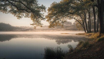 Fototapeta na wymiar Foggy Lake Sunrise Landscape