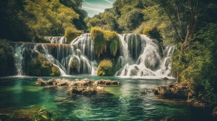 AI-generated illustration of a waterfall in a lush and vibrant green forest.