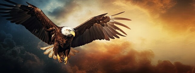an eagle with wings spread over the ground in front of dark clouds - obrazy, fototapety, plakaty