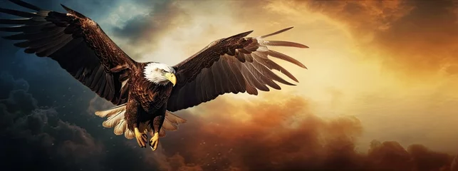 Foto op Canvas an eagle with wings spread over the ground in front of dark clouds © Wirestock