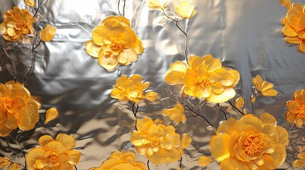 a close up view of yellow flowers on silver fabric,