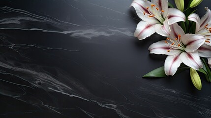 a marbled table with flowers and stems on it and a marble surface - obrazy, fototapety, plakaty