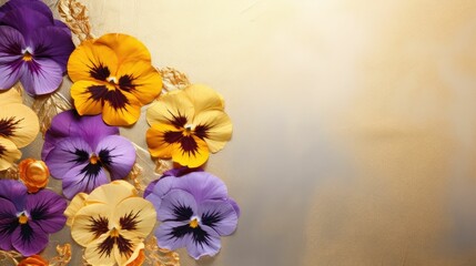 the purple and yellow flowers are near a gold object for decoration