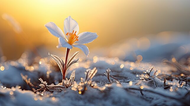 a flower is in a snow covered field during the sun