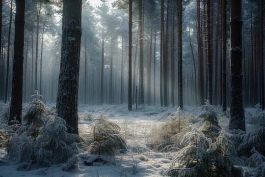 Winter's Embrace: Snow-Covered Pine Forest