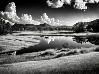 Fototapeta premium AI generated illustration of A landscape of a lake surrounded by green grass and trees
