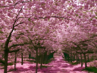 AI generated illustration of a pathway surrounded by trees in full bloom, adorned with pink flowers