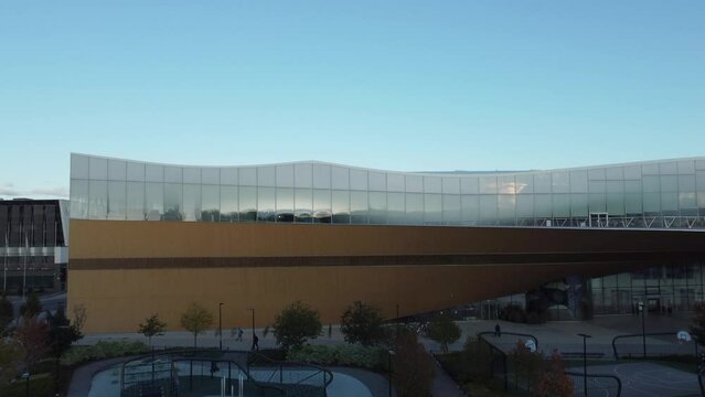 Aerial rises by creative architecture of Oodi Public Library, Helsinki