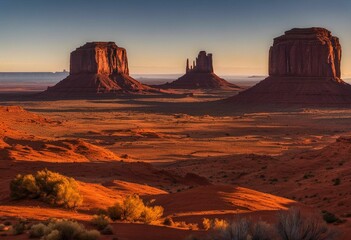 three large mountain in the desert at sunset with a vast sky