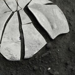 Close-up of a shattered plate lying on the ground, its pieces scattered