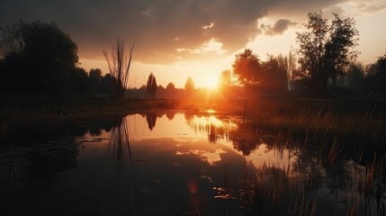 Fototapeta premium the sun setting on a lake reflecting the sky behind it