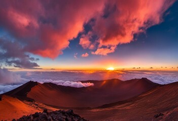 a sunset above the clouds on top of a mountain,