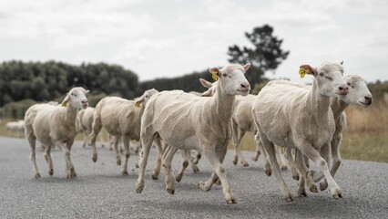 Herd of white sheep running down a rural road