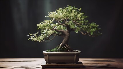 AI generated illustration of a bonsai tree on a wooden table against a dark background