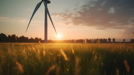 a wind turbine in a field at sunset