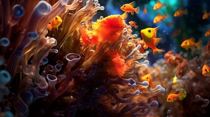 Fototapeta na wymiar The ocean scene, with a variety of orange and white fish swimming