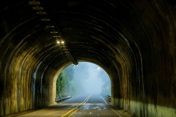 Closeup of a tunnel located located within the mountains of a forest area in US