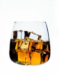 Classic drinking glass containing whisky and ice cubes against a white background.