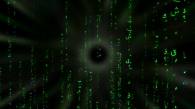 Arabic characters Flying in a 3D world as matrix operating system digital rain code - Islamic Animation Concept