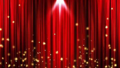 赤いカーテン素材。スポットライト。紙吹雪。red curtain material. Spotlight. Confetti.