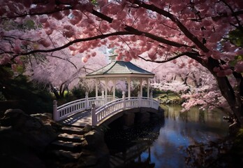 AI generated wooden bridge leading up to a charming gazebo surrounded by lush trees and wildflowers