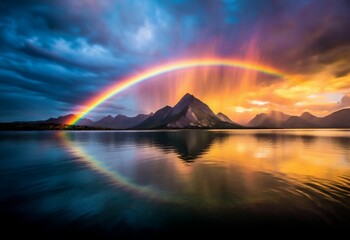 Fototapeta na wymiar AI generated rainbow arching over a mountain range at sunset