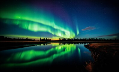 Naklejka na ściany i meble AI generated tranquil mountain lake reflects the stunning colors of the Aurora Borealis
