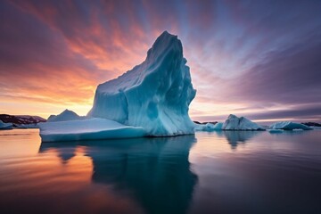 AI generated snow-covered iceberg floating in a tranquil body of water at sunset
