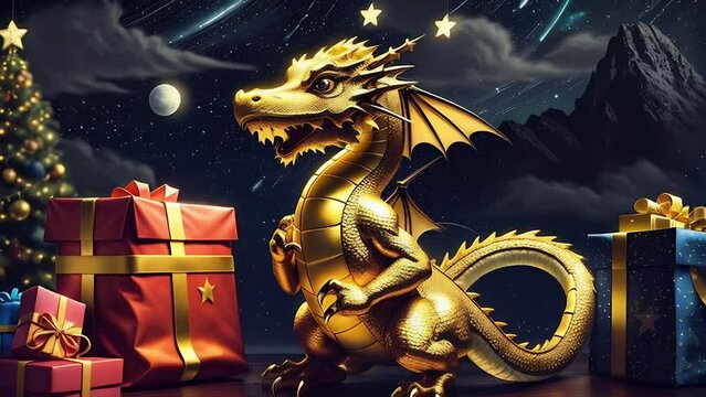 bright golden dragon with gifts on background of night starry sky. zoom in.