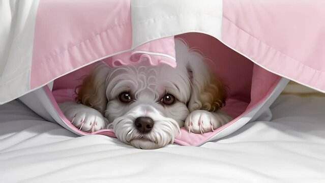 cute white poodle dog is lying under a pink blanket. zoom out.