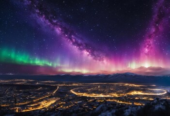 AI generated illustration of a stunning view of an aurora borealis above a city skyline