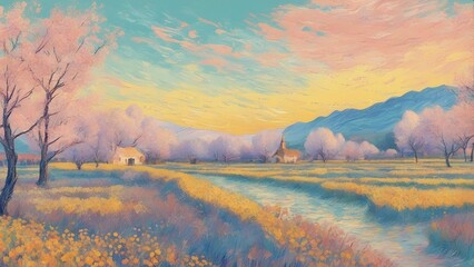 AI generated illustration of a colorful pastel landscape painting on canvas