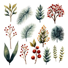 Watercolor Christmas Floral Collection Featuring Festive Wreaths, Spruce Branches, Cones for Holiday Designs. AI Generated.