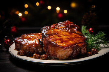 Fototapeta na wymiar Pork Chops With Bourbon-Molasses Glaze christmas