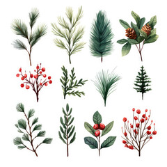 Watercolor Christmas Floral Collection Featuring Festive Wreaths, Spruce Branches, Cones for Holiday Designs. AI Generated.
