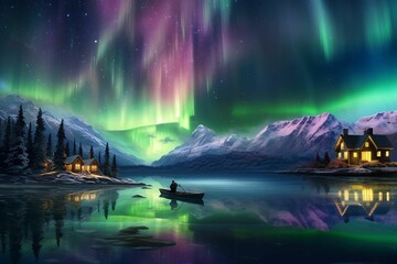 AI generated illustration of the vibrant colors of an aurora borealis lighting up a cabin - obrazy, fototapety, plakaty