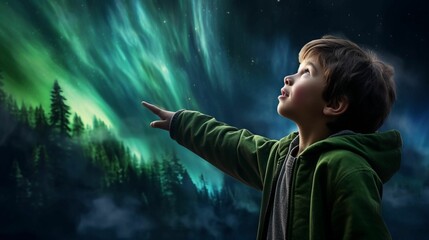 AI generated illustration of A child illuminated by the beautiful colors of the Northern Lights,