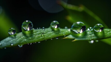AI-generated illustration of green leaves covered in dew in a field