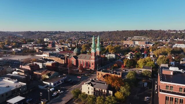Mother of God Roman Catholic Diocese Church in Covington, Kentucky on a beautiful clear blue sky day.