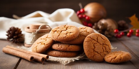 Soft ginger cookies with cracks on wooden table background, with copy space. - obrazy, fototapety, plakaty