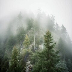 AI generated illustration of a scenic view of a foggy mountain range, featuring tall, lush trees