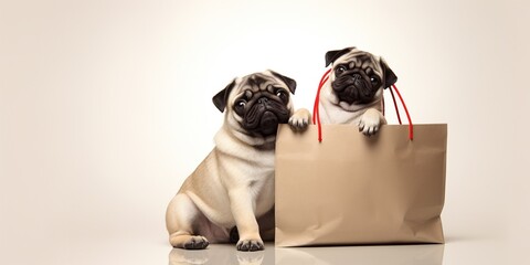 Two cute pug dogs holding blank shopping back mock up isolated on white background, concept of animal shopping, online shopping, holiday sales and funny animals, with copy space.