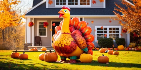 Thanksgiving inflatable turkey and pumpkins front yard display, exterior home decor, seasonal decoration