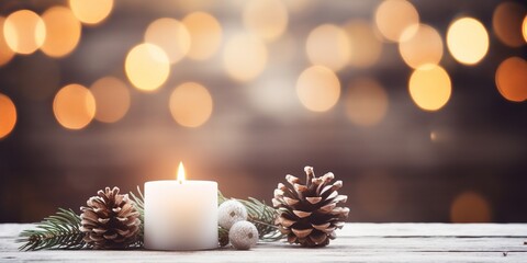 Fototapeta na wymiar White Christmas candles on rustic wooden table, with natural decorations of pine branches and cones, Greeting cards backgrounds with copy space, Merry Christmas and Happy New Year.
